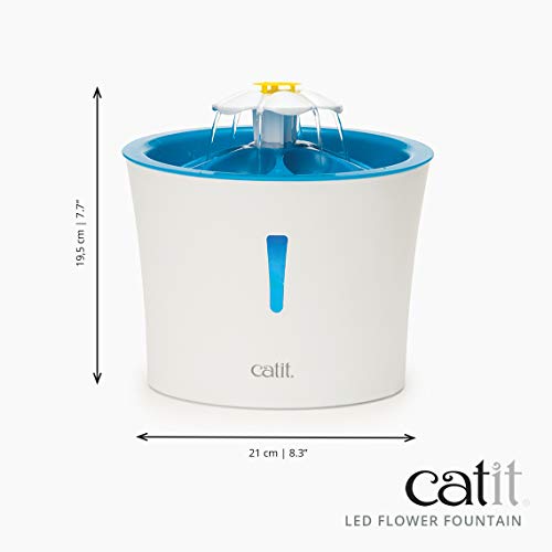 Catit LED Flower Fountain with Triple Action Filter, Cat Drinking Water Fountain, Blue, 3 L