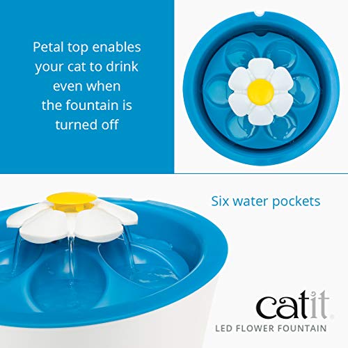 Catit LED Flower Fountain with Triple Action Filter, Cat Drinking Water Fountain, Blue, 3 L