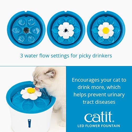 Catit LED Flower Fountain with Triple Action Filter, Cat Drinking Water Fountain, Blue, 3 L