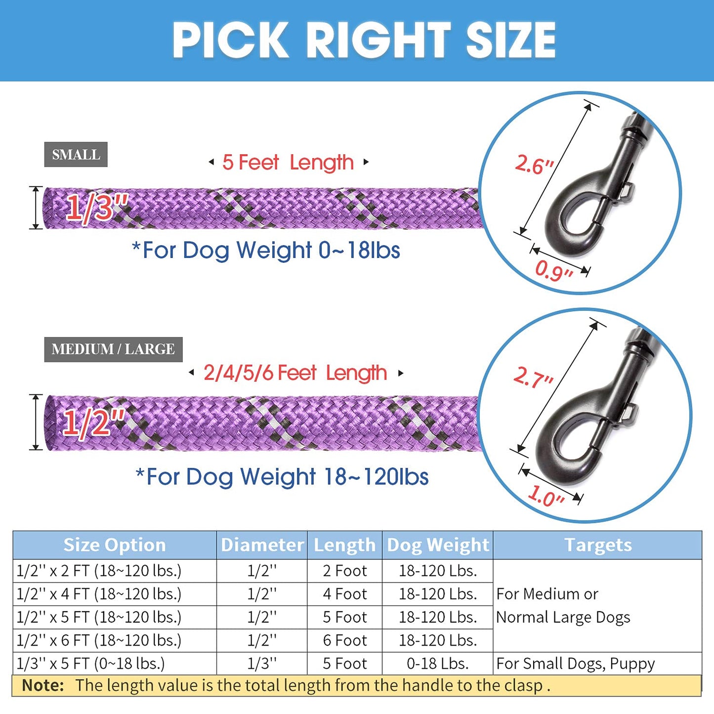 BAAPET 2/4/5/6 FT Dog Leash with Comfortable Padded Handle and Highly Reflective Threads for Small Medium and Large Dogs (6FT-1/2'', Purple)