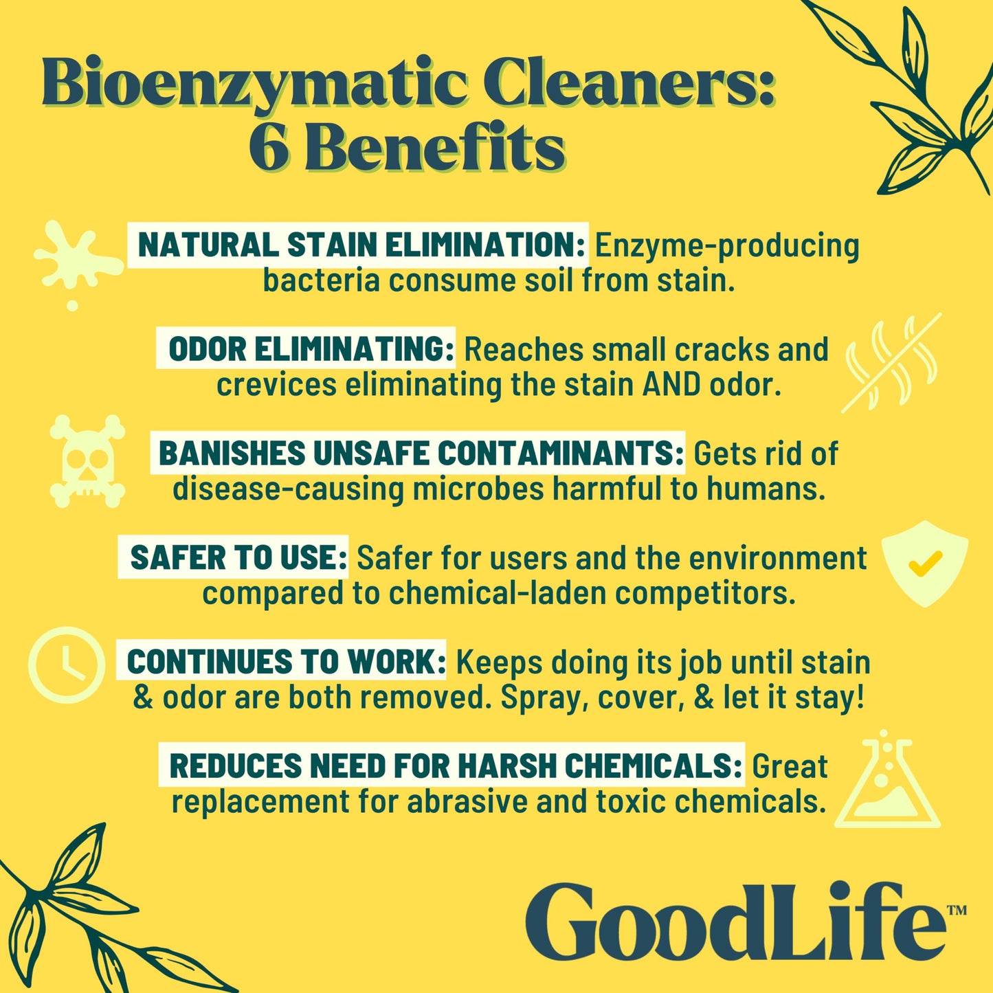 Good Life Solutions Natural Odor and Stain Remover Spray - Unscented Plant-Based Child and Pet Safe Cleaner Earth-Friendly Odor Eliminator Eco Cleaning Products for Home, Carpet, Upholstery 16 oz