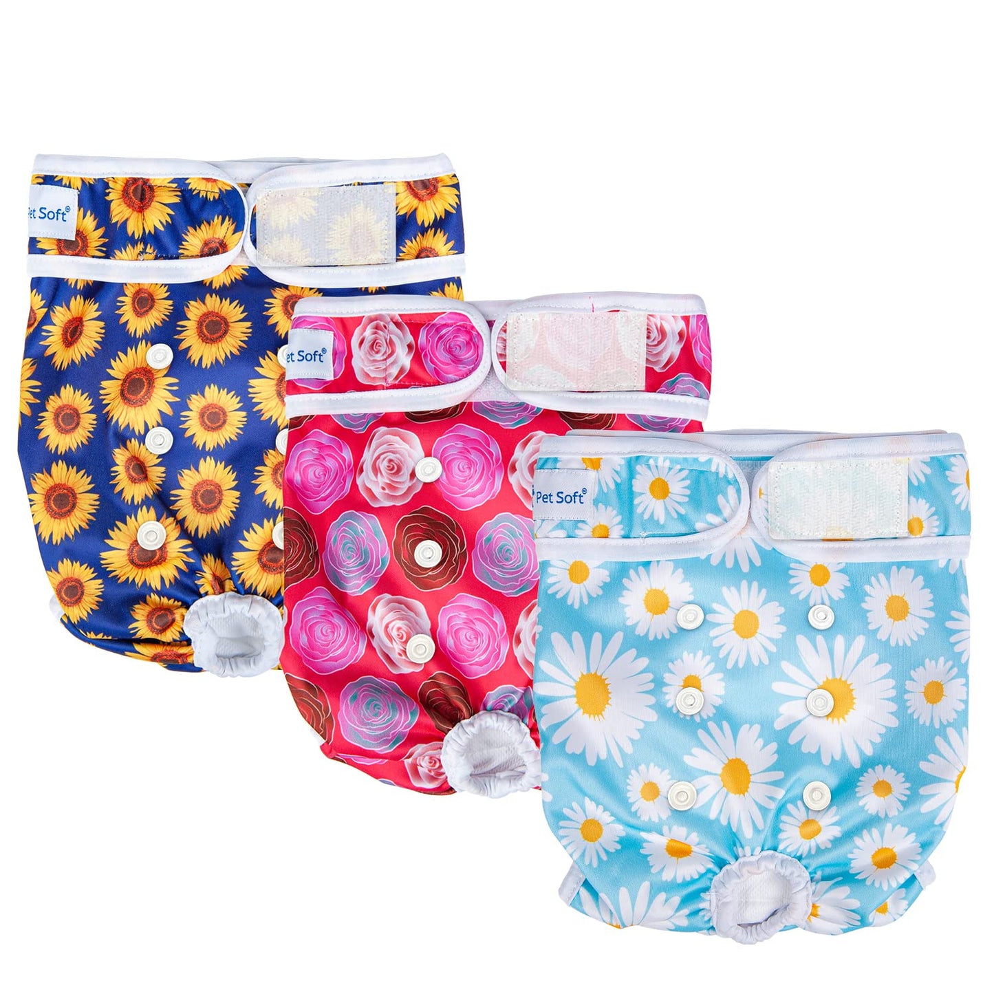 Pet Soft Female Dog Diapers - 3Pack Washable Dog Diapers Female for Girl Dog in Heat - Reusable Dog Period Panties|Puppy Diapers Female (Flower, L)