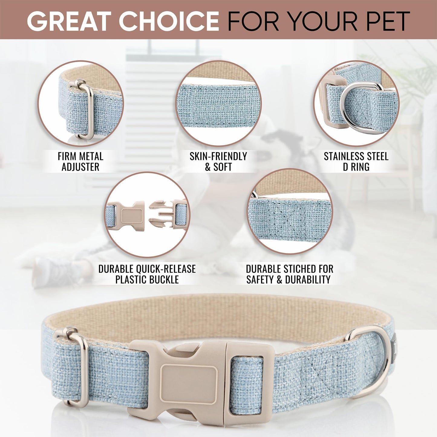 DCSP Pets Dog Collar – Heavy-Duty Dog Collar for Small Dogs, Medium and Large – Eco-Friendly Natural Fabric – Durable and Skin-Friendly – Soft Dog Collar for All Breeds (Large, Light Blue)