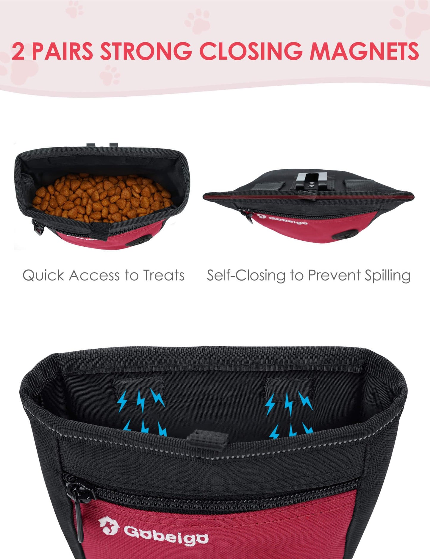 Gobeigo Dog Treat Pouch and Training Clicker, Upgrade Two Magnetic Closure to Prevent Spills, 2 Cup Treat Bag with Poop Bag Dispenser, Metal Clip Waist Belt Fanny Pack for Pet Walking (Black/Red)