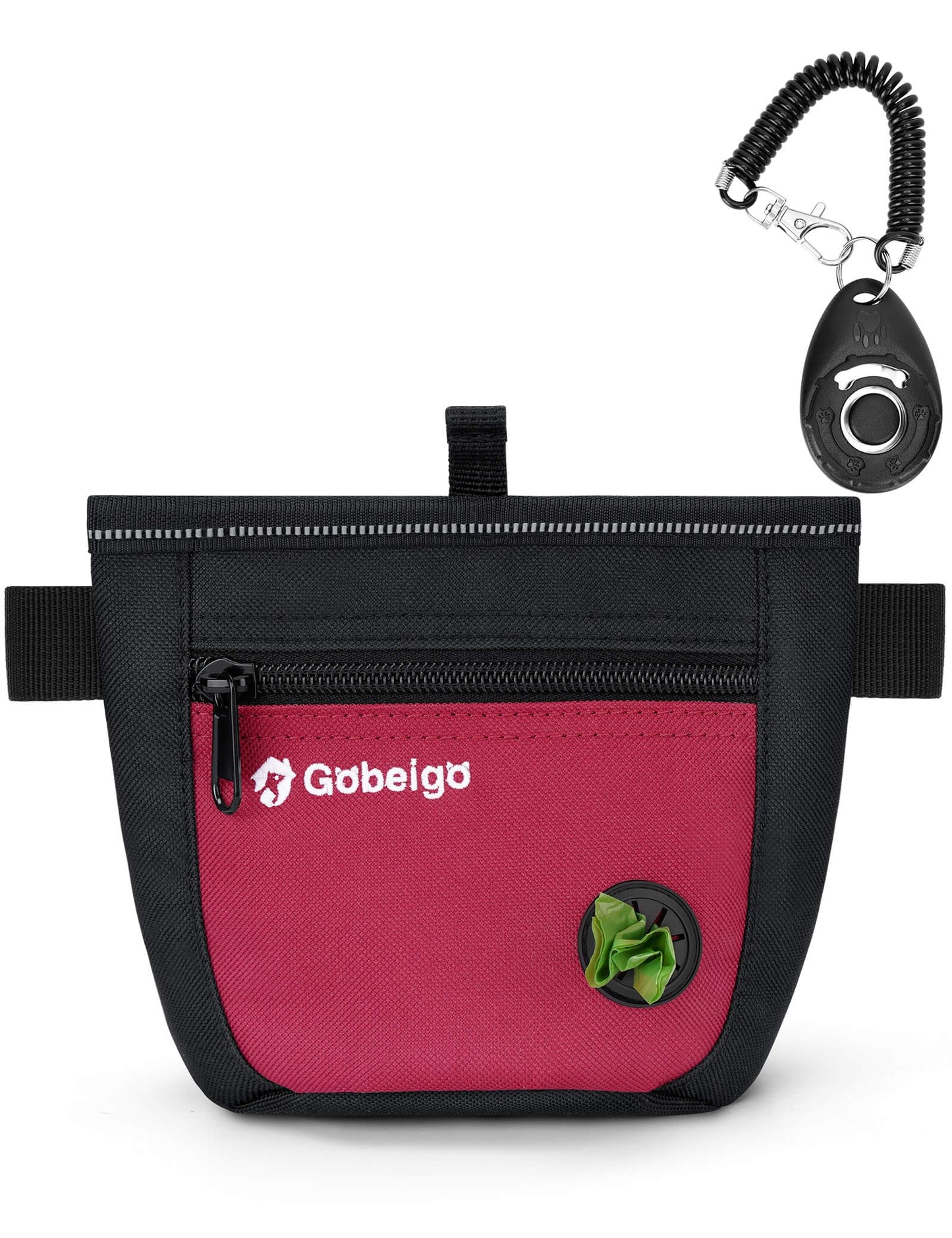 Gobeigo Dog Treat Pouch and Training Clicker, Upgrade Two Magnetic Closure to Prevent Spills, 2 Cup Treat Bag with Poop Bag Dispenser, Metal Clip Waist Belt Fanny Pack for Pet Walking (Black/Red)