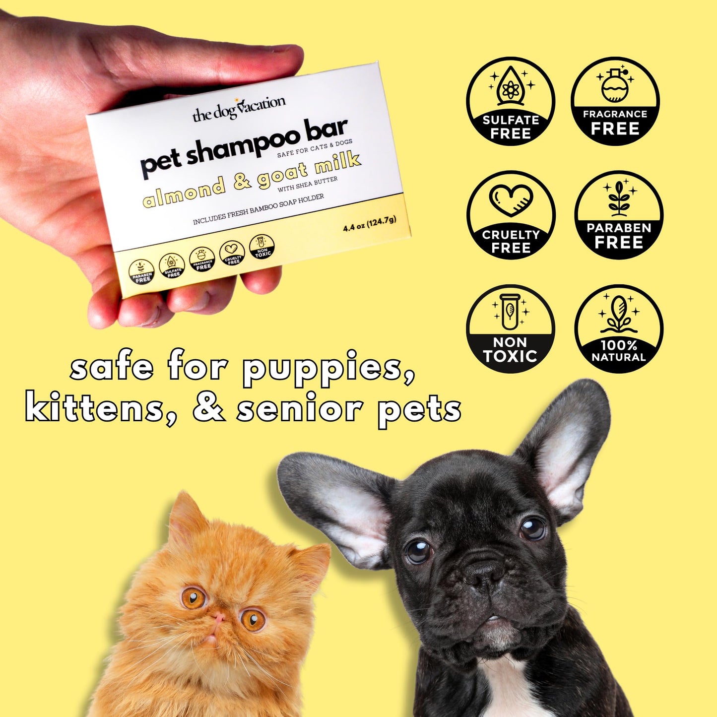 The Dog Vacation - Organic and Natural Pet Shampoo Bar, Shampoo for Dogs and Cats, for Puppies, Fragrance Free, Eco-Friendly, Gentle, Extra Moisturizing for Shiny Coat - Almond and Goat Milk 4.4 Oz