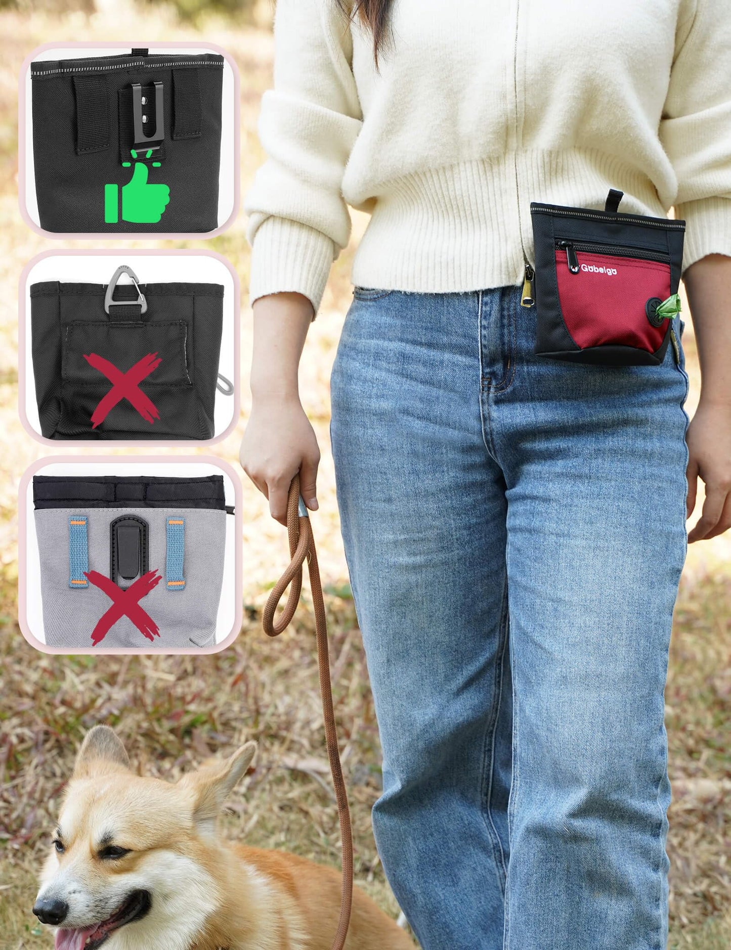 Gobeigo Dog Treat Pouch and Training Clicker, Upgrade Two Magnetic Closure to Prevent Spills, 2 Cup Treat Bag with Poop Bag Dispenser, Metal Clip Waist Belt Fanny Pack for Pet Walking (Black/Red)
